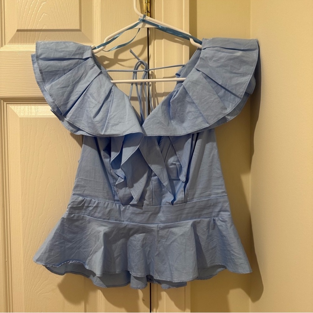 Women's Blue Ruffled Top - Picture 2 of 3